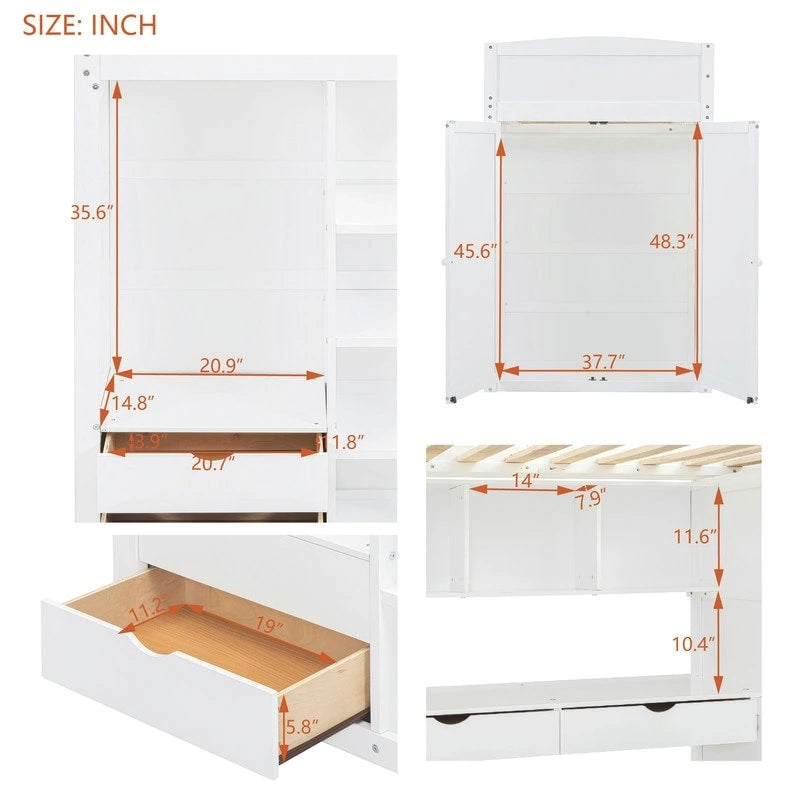 Lit mezzanine simple avec bureau, armoires, 4 tiroirs et 4 étagères