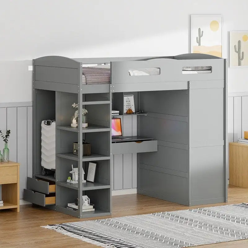 Lit mezzanine simple avec bureau, armoires, 4 tiroirs et 4 étagères