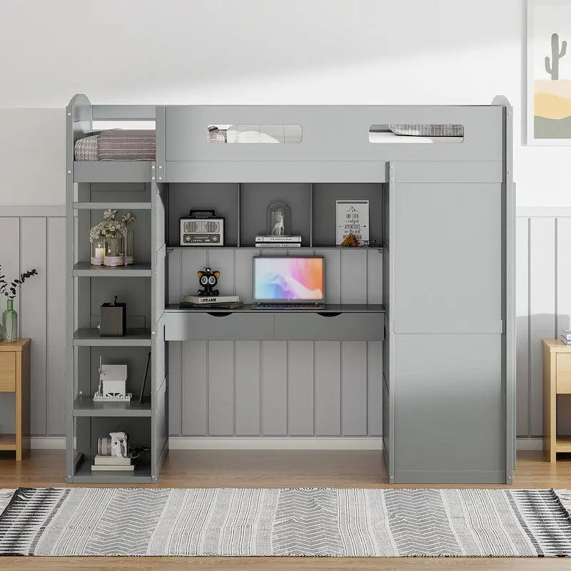 Lit mezzanine simple avec bureau, armoires, 4 tiroirs et 4 étagères