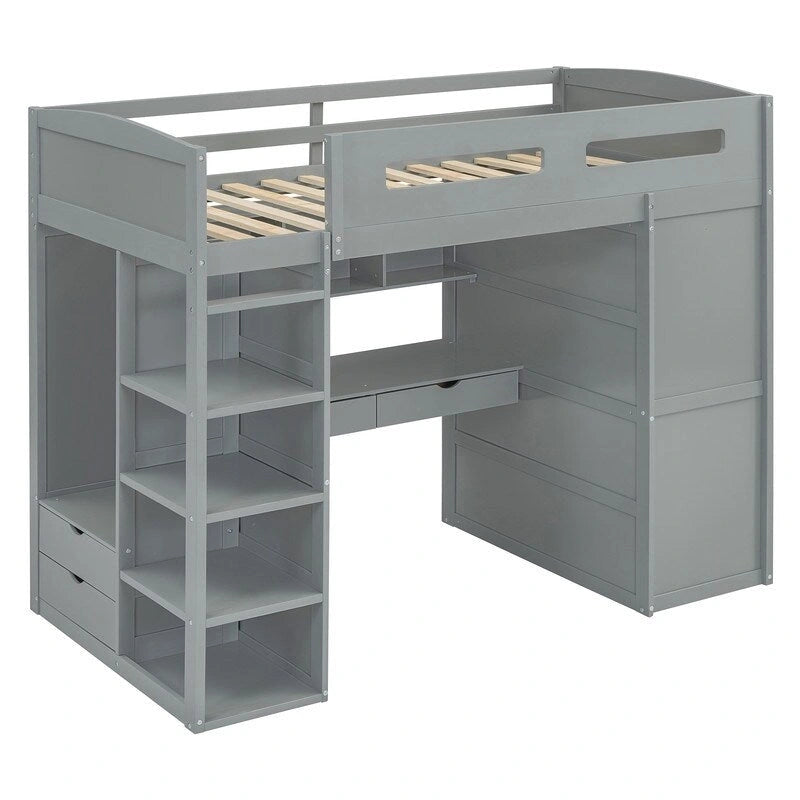 Lit mezzanine simple avec bureau, armoires, 4 tiroirs et 4 étagères