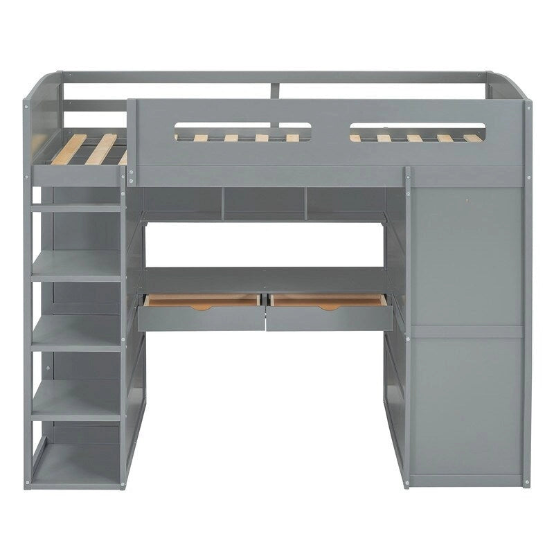 Lit mezzanine simple avec bureau, armoires, 4 tiroirs et 4 étagères